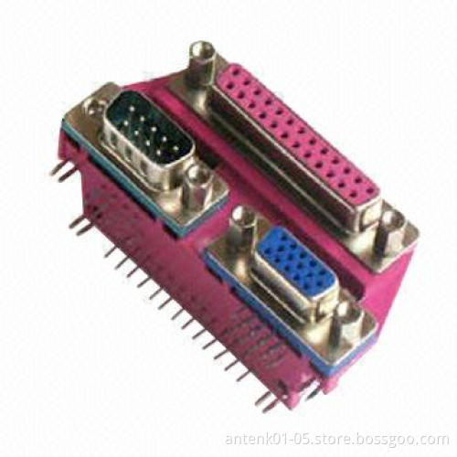 D-sub Stack Triple Port 25P Female to 9P Male + 9P Female Connector, Right Angle PCB Mounting